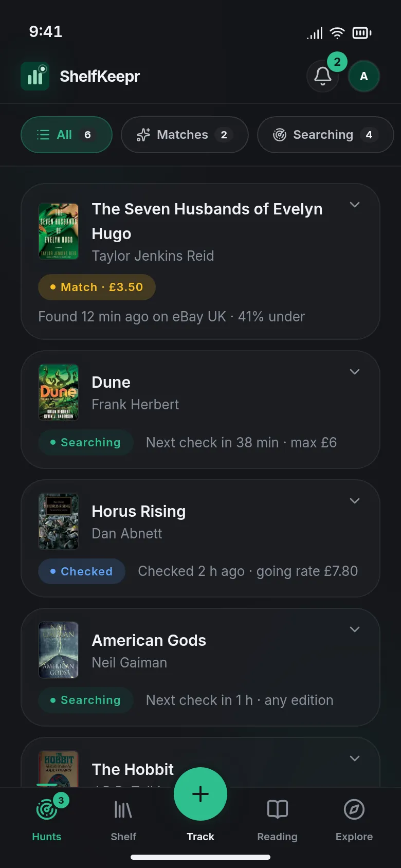 The Hunts tab of the ShelfKeepr app, with a match and 3 searches under way
